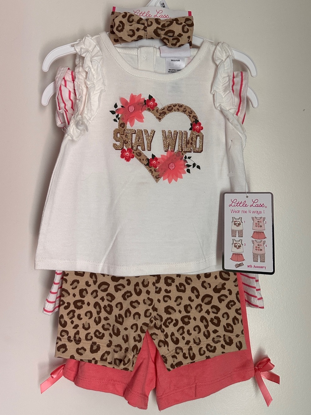 18M Little Lass White & Coral 'Stay Wild' Leopard Accent Outfit